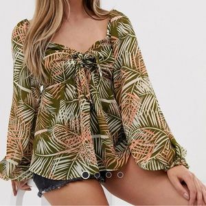 ASOS DESIGN Green Leaf Print Tie Front Top | Size 14